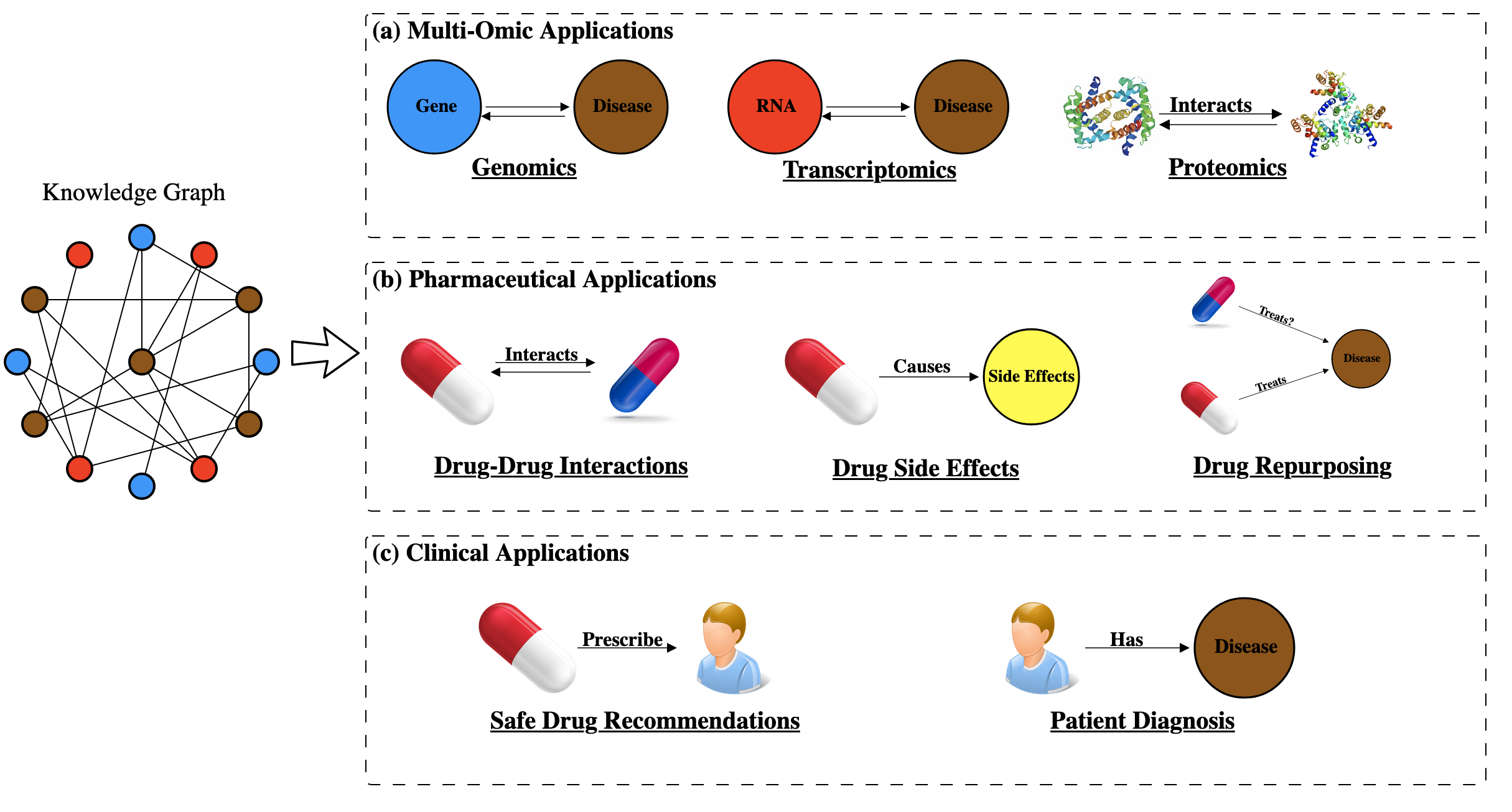 Figure 5: Overview of biomedical applications that make use of knowledge graphs. Categories consist of: (a) Multi-Omic applications, (b) Pharmaceutical Applications and (c) Clinical Applications.