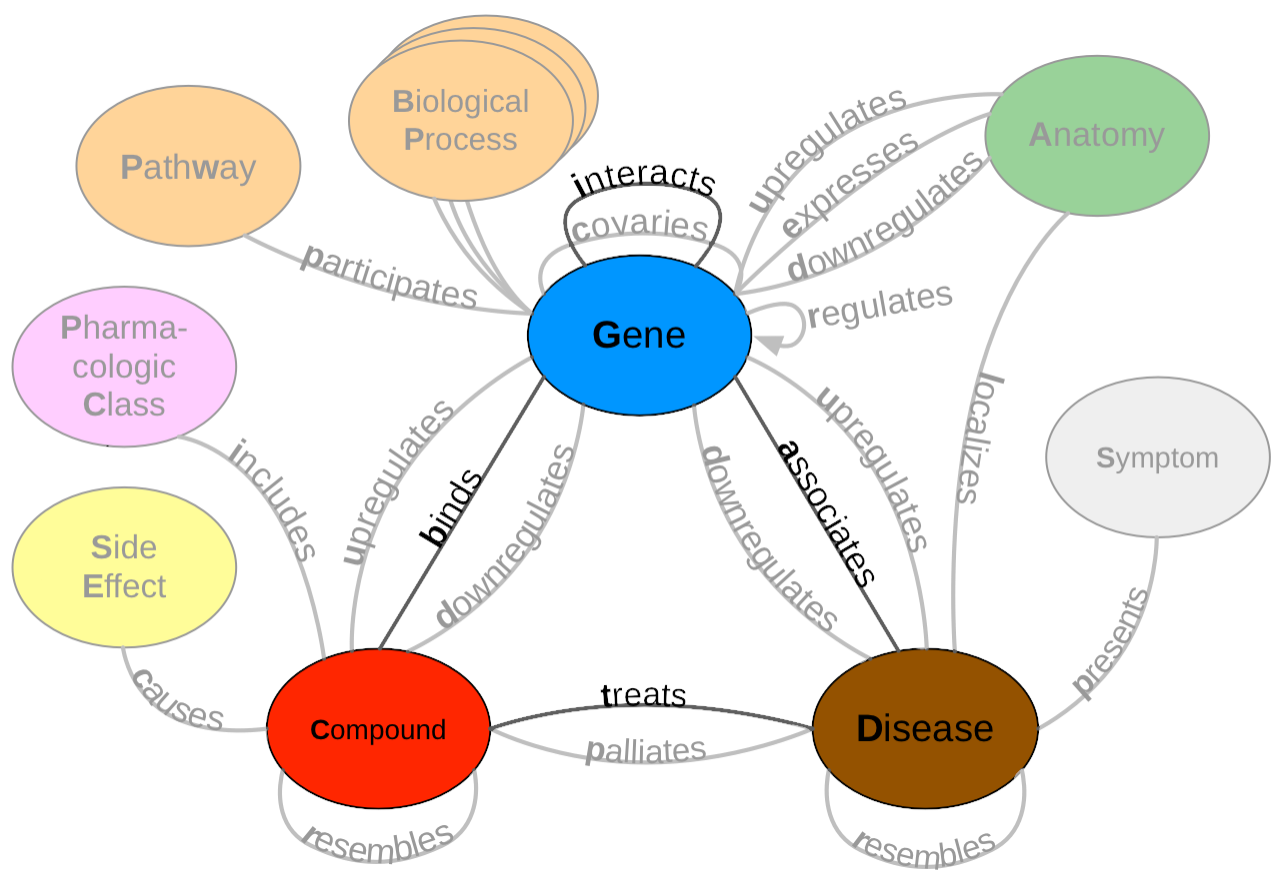 Figure 1: A metagraph (schema) of Hetionet v1 where biomedical entities are represented as nodes and the relationships between them are represented as edges. We examined performance on the highlighted subgraph; however, the long-term vision is to capture edges for the entire graph.