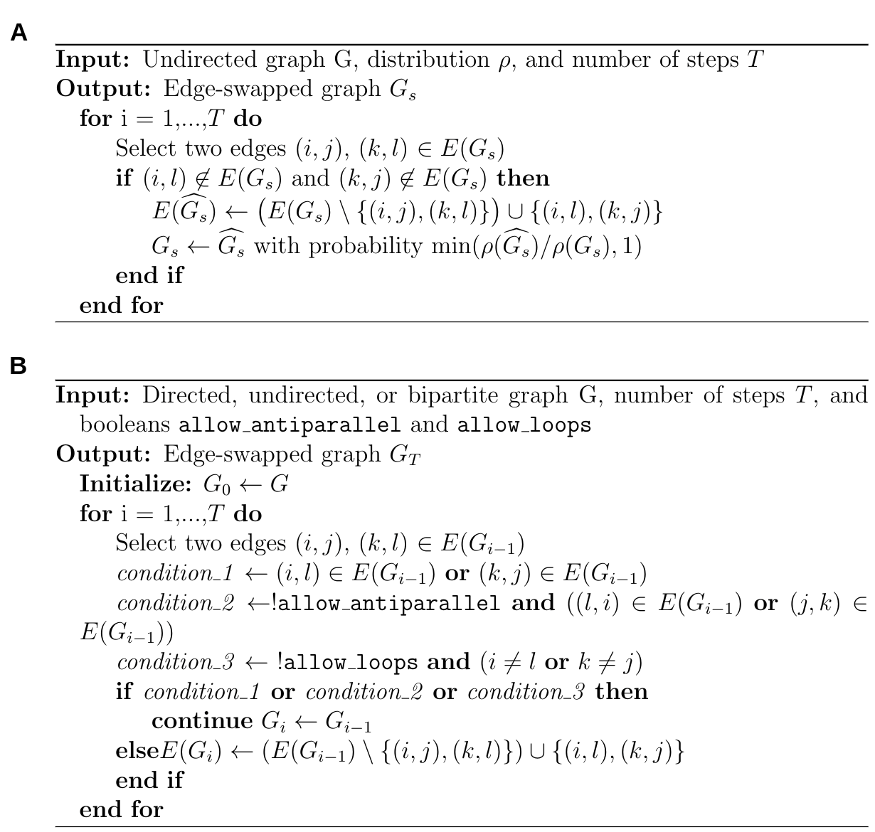 Figure 2: XSwap algorithm pseudocode. A. XSwap algorithm presented by Hanhijärvi, et al. [15]. B. Extension of the XSwap algorithm to other types of networks.